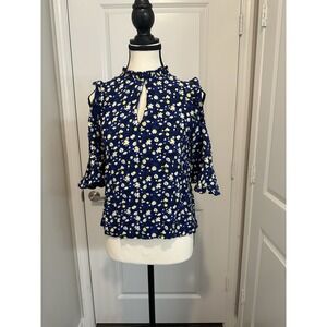 Whistles‎ Bibi Bell Cold Shoulder Top UK 6 US 2 Floral Ruffle Blouse Blue Yellow
